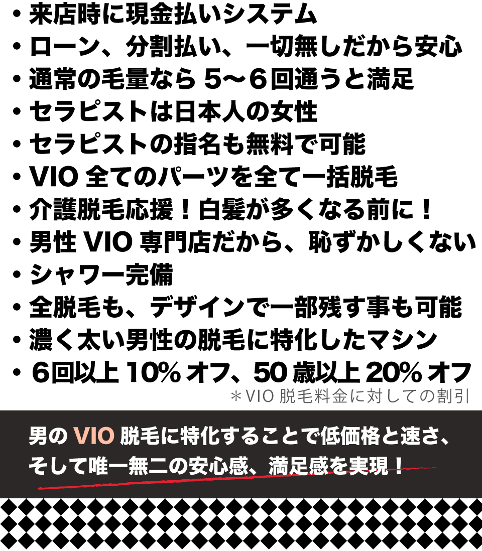 男性VIO脱毛専門店ヴィオーヴの特徴一覧